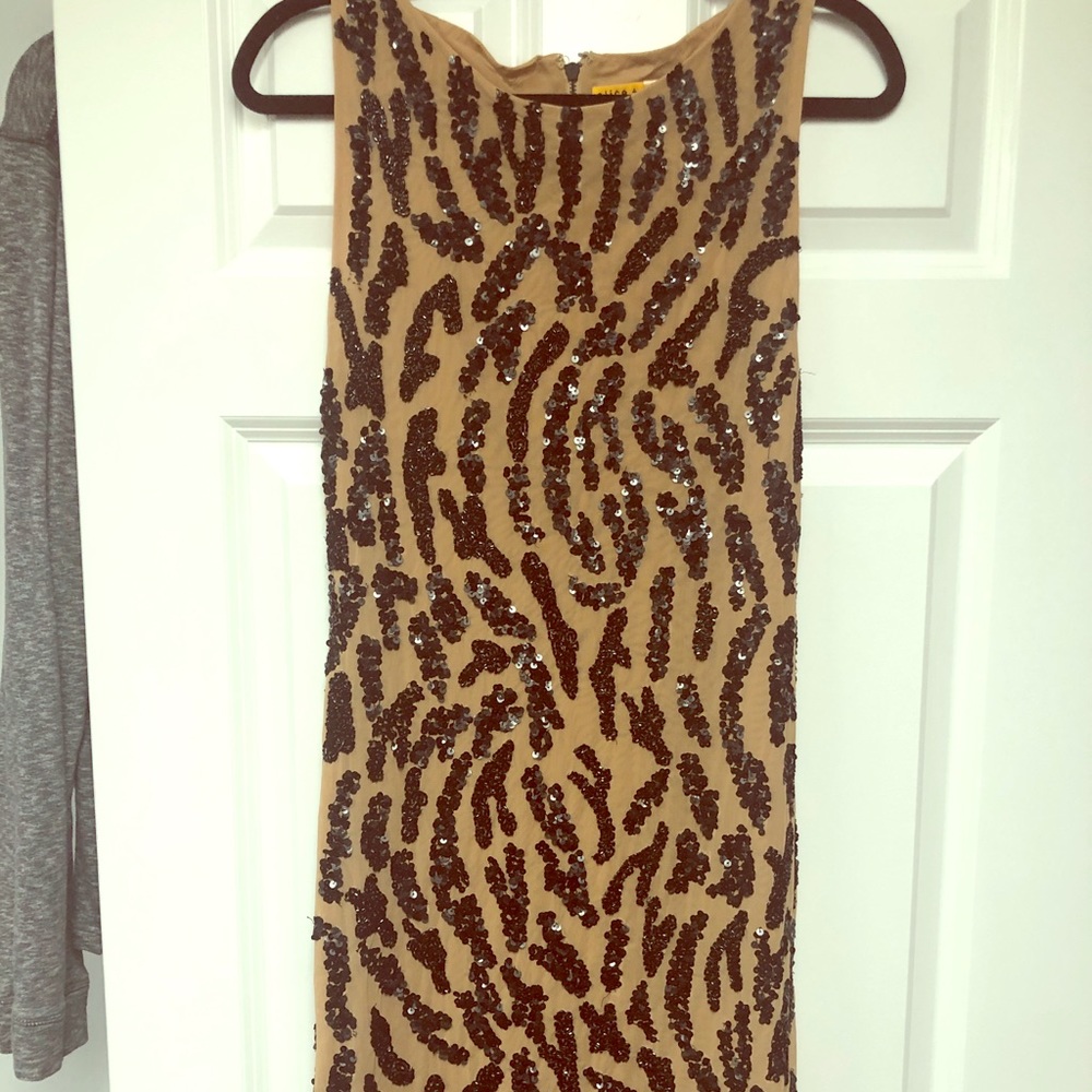 Tan and black sequin cocktail dress